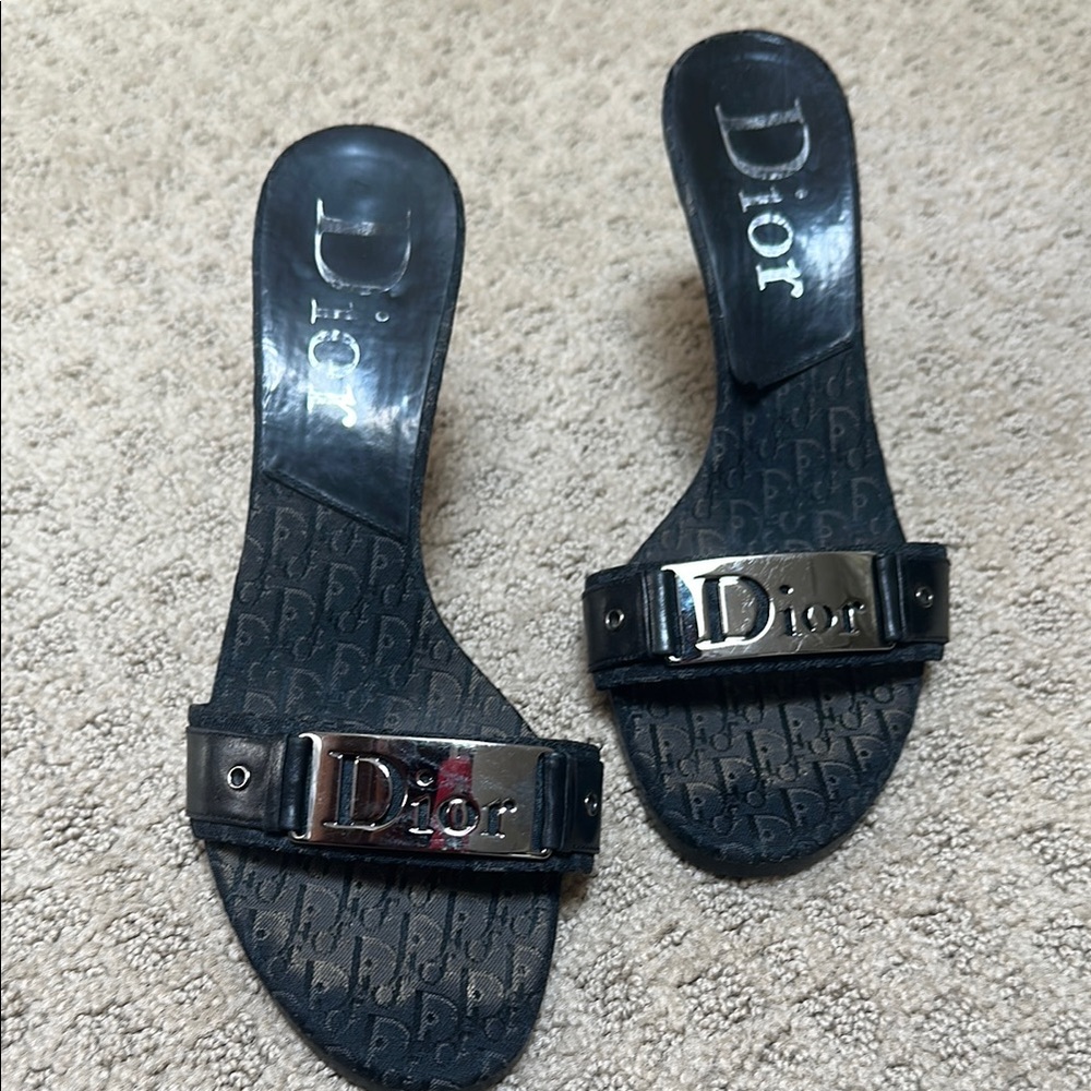 Dior Black Sandals with Silver Logo and Woven Footbed